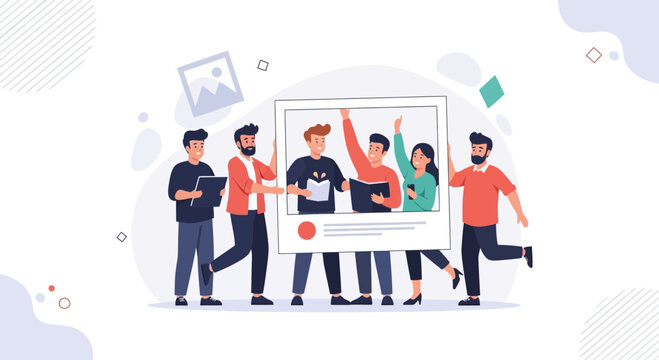 Happy Diverse Team Holding a Large Photo Frame with People Posing Together