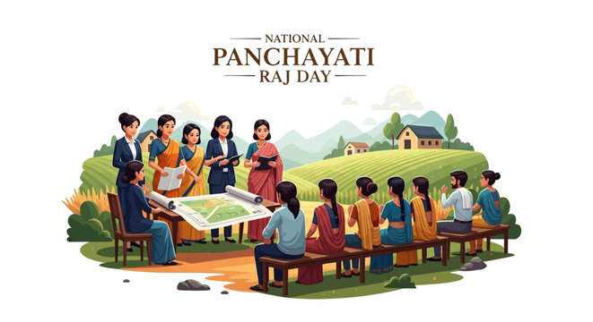 Illustration of diverse group of people gathered around a table for a meeting on National Panchayati Raj Day in a rural Indian setting with a green landscape background.