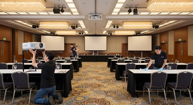 Men preparing large conference room with projector and cleaning tables before business meeting; professional setup for corporate event