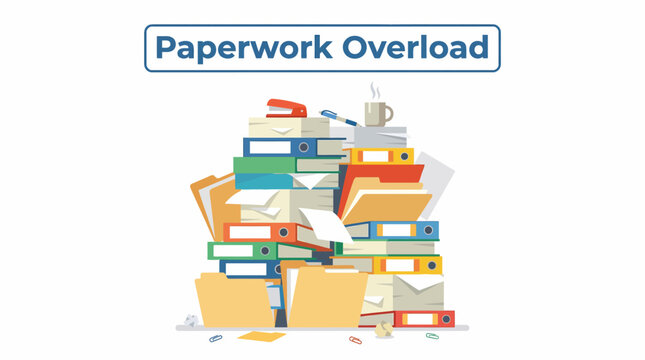 Overwhelming stack of paperwork and office supplies.