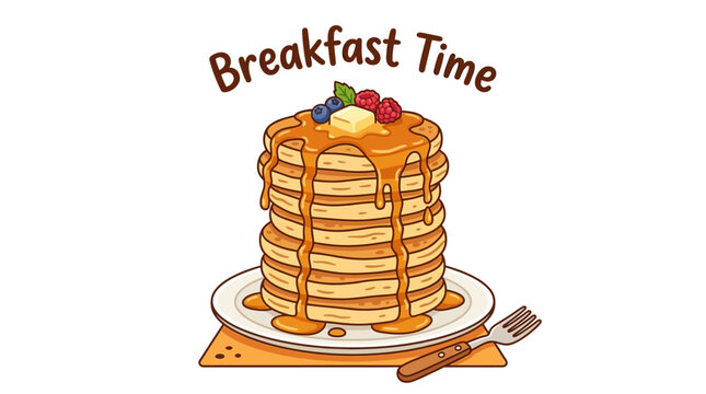 A stack of pancakes with syrup and fruit.