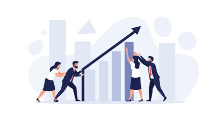 Fototapeta premium Teamwork pushing upward arrow graph, business growth, success, collaboration, strategy