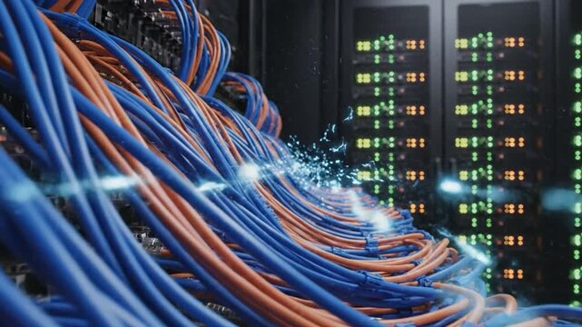 Data center server racks with blue and orange cables and glowing data transfer effect representing fast internet connection and digital information processing