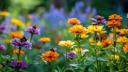 Obraz premium Colorful Garden Flowers with Bees Collecting Nectar in a Vibrant Natural Setting Surrounded by Lush Greenery and Blurred Background