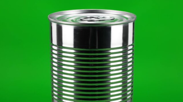 Blank metallic food can with pull ring on green background