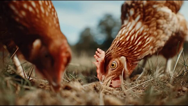 Close-up of two brown chickens pecking for food in dry grass and soil outdoors