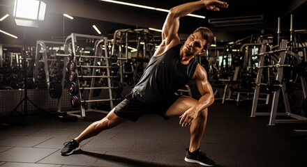 Fototapeta na wymiar Muscular man stretches in a gym during a warm-up exercise routine; athletic fitness for active lifestyle and wellness concept