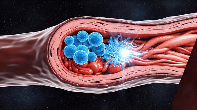 Close up of a damaged DNA double helix strand with blue and purple bases and spherical blue cells causing mutation on a dark starry background scientific animation
