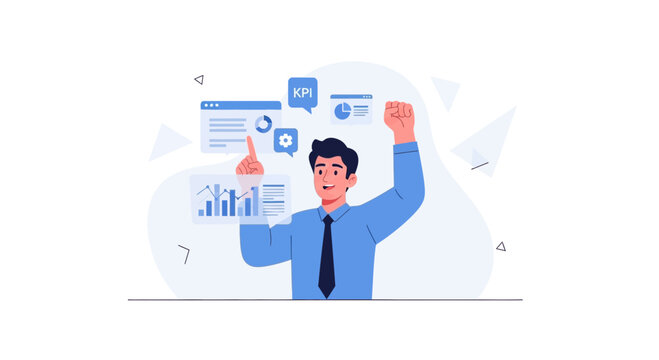 Businessman celebrating success with data analytics and KPIs