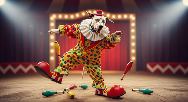 Performing Dalmatian dog clown juggling with juggling clubs in circus ring spotlight with colorful costume and hat stage background