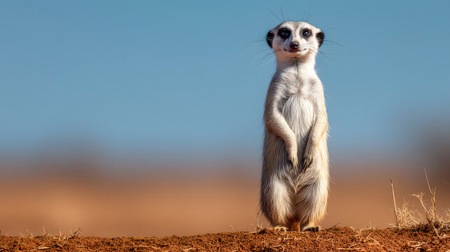 Single meerkat standing upright on termite mound in Kalahari Desert acting as sentinel, harsh midday sun, clear blue sky, looking into lens, alert posture