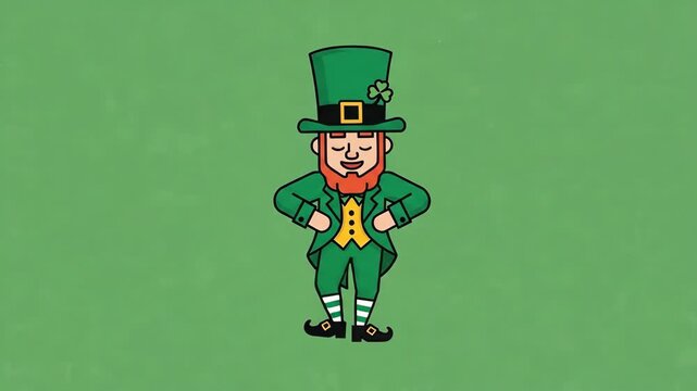 Cartoon leprechaun character in green outfit and top hat on green background