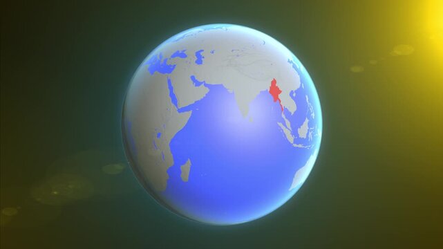 The animation shows a graphic representation of the earth and highlights the location and map of Myanmar colored red.