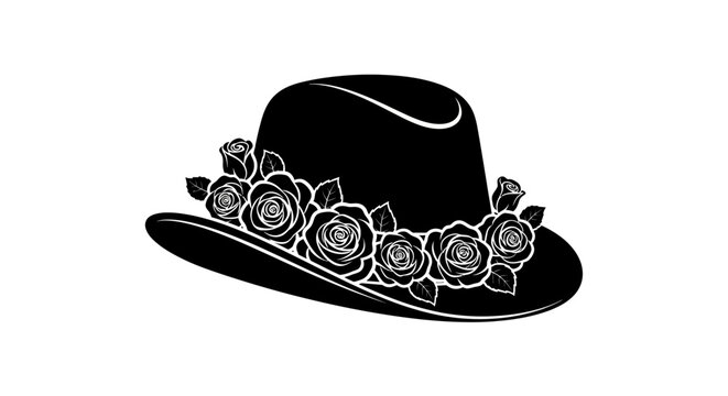 Black hat with floral decorative band.