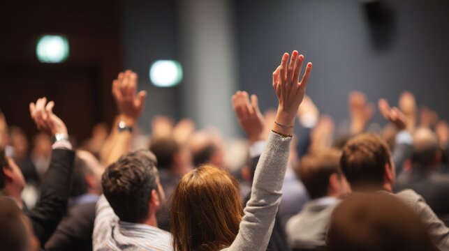 People in an audience raising hands, asking a question, expressing opinion, or showing participation during a business conference
