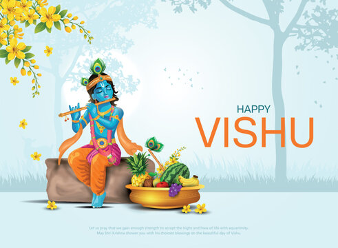 Happy vishu greetings. fruits decoration bowl. Kerala vishu festival vishukkani design. Creative vector illustration.