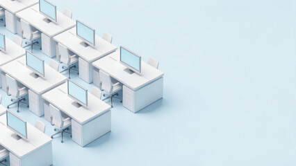 Fototapeta premium Minimalist 3D isometric office workspace with geometric desks and computers in soft pastel blue and white color scheme for corporate presentation, website background, and digital marketing materials