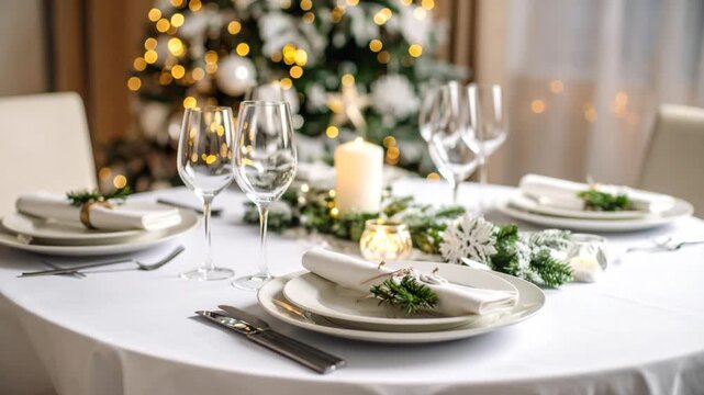 Elegant Christmas dinner table setting with festive decorations and glowing tree lights