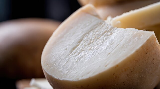 caciocavallo. Close-up of a freshly cut cheese with a dense pale interior and smooth surface. menu design, packaging mockups, designed for culinary blogs and recipe cards for restaurants.
