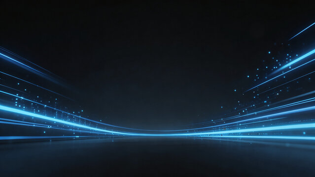 Abstract technology background with dynamic blue neon light streaks and digital particle effects for corporate website header and business presentation