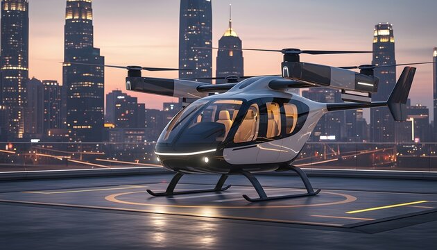 Electric Air Taxi eVTOL Aircraft on Rooftop Vertiport in Modern Smart City at Sunset