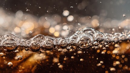 Close-up macro shot of sparkling carbonated drink with rising bubbles and reflections.