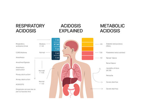 A medical illustration of the human body explaining acidosis on transparent background
