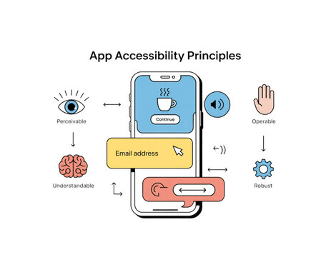 A vector graphic illustrating app accessibility principles with a smartphone and icons on transparent background