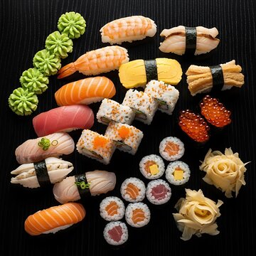 Assorted sushi platter with nigiri maki and wasabi on a black background.