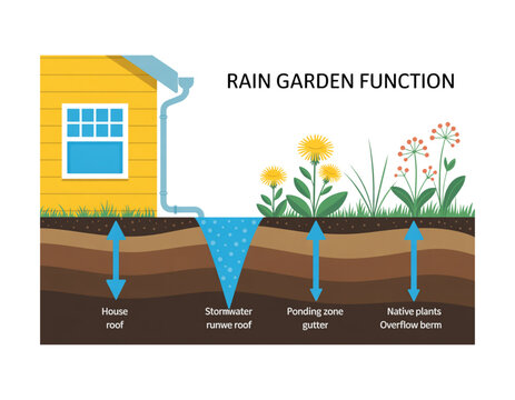 A detailed illustration of a rain garden function with a house and native plants on transparent background