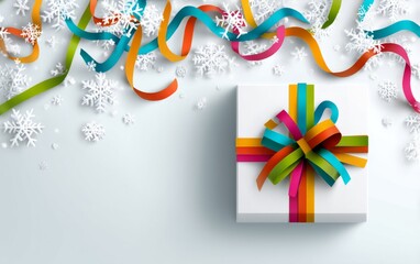 Fototapeta premium Colorful Cartoon Christmas Gift Box with Ribbons and Snowflakes on Background