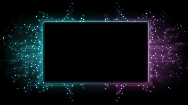 Digital icon neon communication information integration circuit board background computer processing abstract tech technology artificial intelligence modern video purple frame glowing digital icon