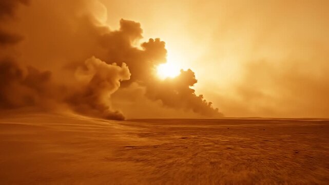 Sun shining through a thick dust storm in a desolate desert
