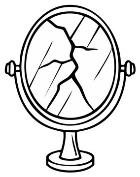 Cartoon drawing of broken oval mirror, cracked glass, vintage vanity design