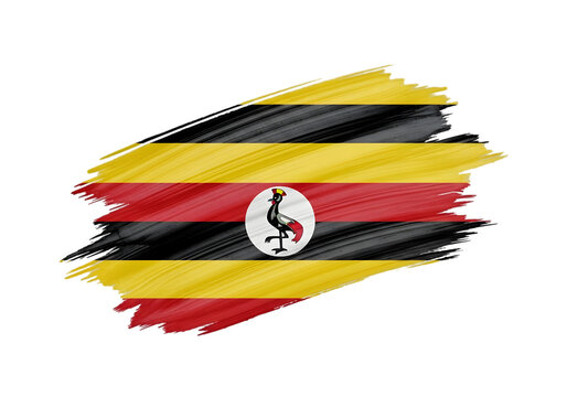 Vibrant Uganda national flag with crested crane emblem waving dynamically isolated on transparent background