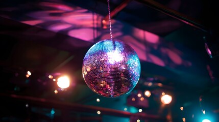 Obraz premium Sparkling nightclub disco ball reflects vibrant light creating a lively festive party atmosphere