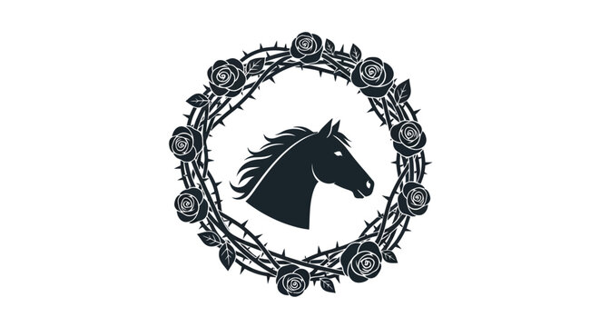 Black Horse Head in Floral Wreath.