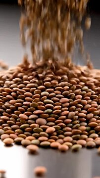 Brown lentils are falling onto a flat surface