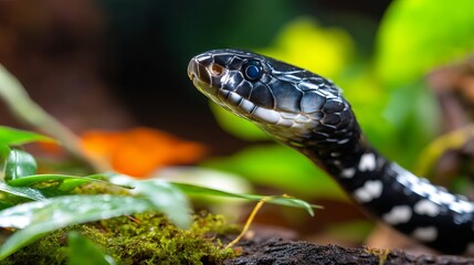 Naklejka premium Glossy Black and White King Cobra Emerging from Lush Green Surroundings