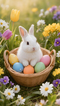 Cute White Easter Bunny in Basket with Colorful Eggs in Spring Flower Meadow