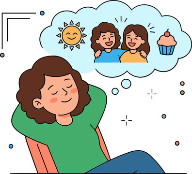 A smiling woman imagines happy friends under sunny weather with a cupcake.