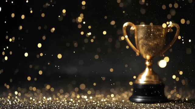 Golden trophy shines against a sparkling black background, showcasing elegance and celebration of achievement in a festive atmosphere