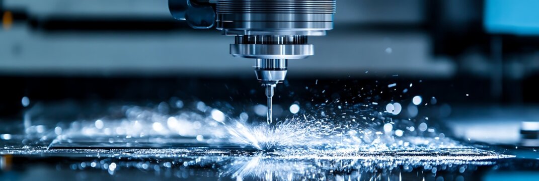 Industrial water jet cutting machine in operation with metal and water splash