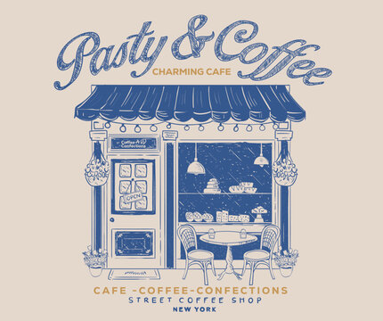 Pasty and coffee shop art. Street cafe graphic print design for t shirt, apparel, posters, background and others. Coffee house vector design. Street cafe abstract art design.