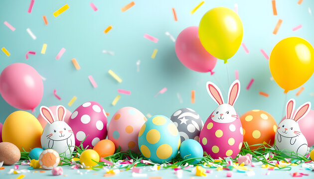 Colorful Easter eggs and festive bunny decorations with falling confetti and balloons, celebrating springtime joy and holiday traditions