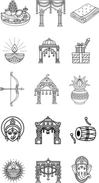 Set of 15 Hindu Festival Decorative Elements &ndash; Vector Icons for Diwali, Durga Puja, and Indian Celebrations