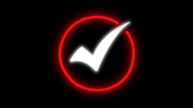 Bright Red Circle Surrounding a White Check Mark on a Dark Background glowing neon
