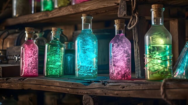 カラフルに光るポーション瓶が並ぶ錬金術の魔法薬ショップ