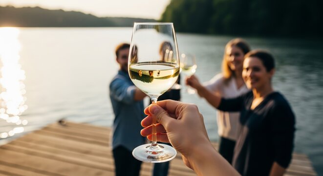POV Hand holding white wine glass toasting friends on lake dock