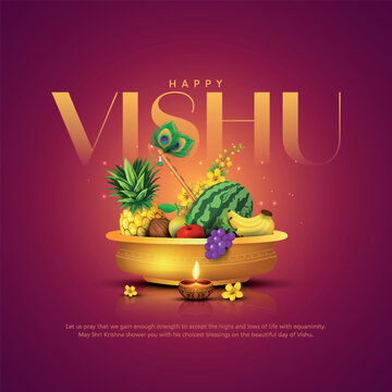 Happy vishu greetings. fruits decoration bowl. Kerala vishu festival vishukkani design. Creative vector illustration.
